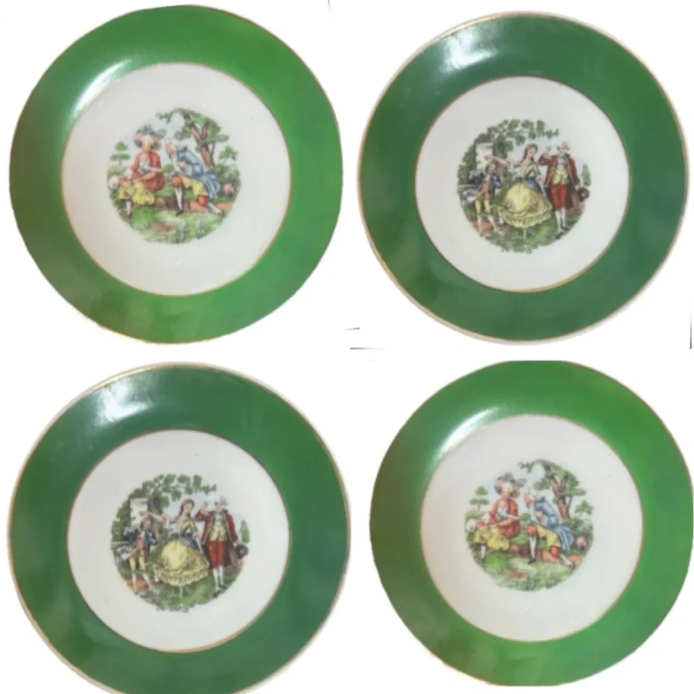 Vintage Courting Couple Plates Set 4 Pc Blume Japan Floral Green White Burgundy